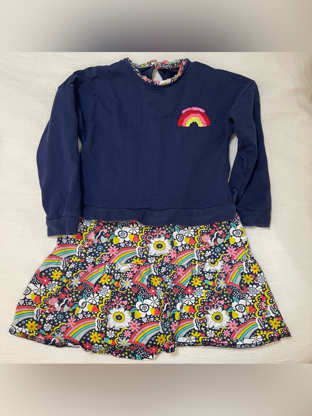 Girls Navy Rainbow Sequin Floral Fall/Winter Dress Mini Boden Dupe